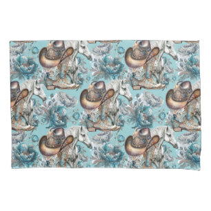 Horse girl cowgirl pattern turquoise floral pillowcase