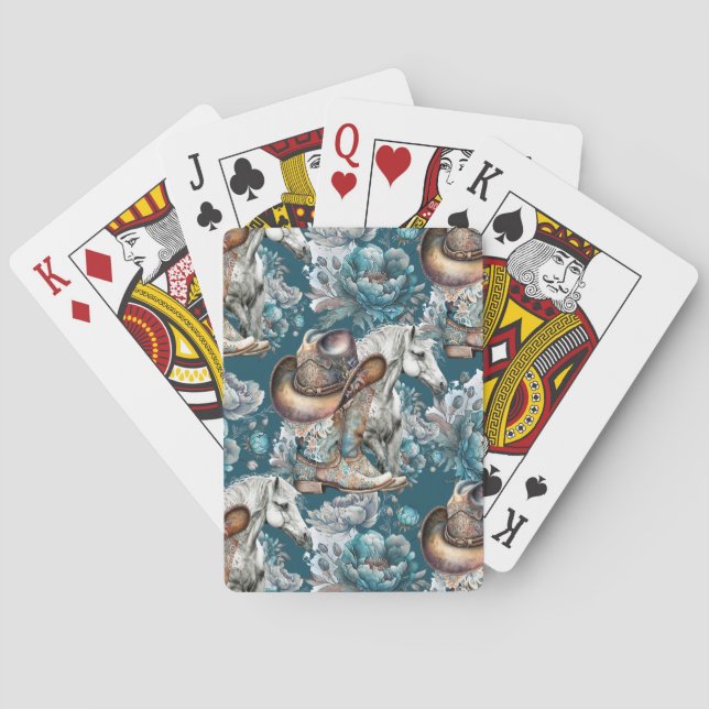 Horse girl cowgirl pattern turquoise floral playing cards (Back)