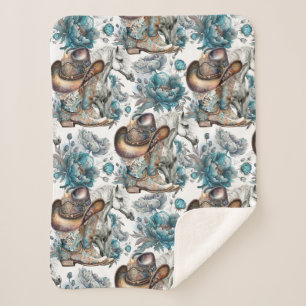 Horse girl cowgirl pattern turquoise floral sherpa blanket
