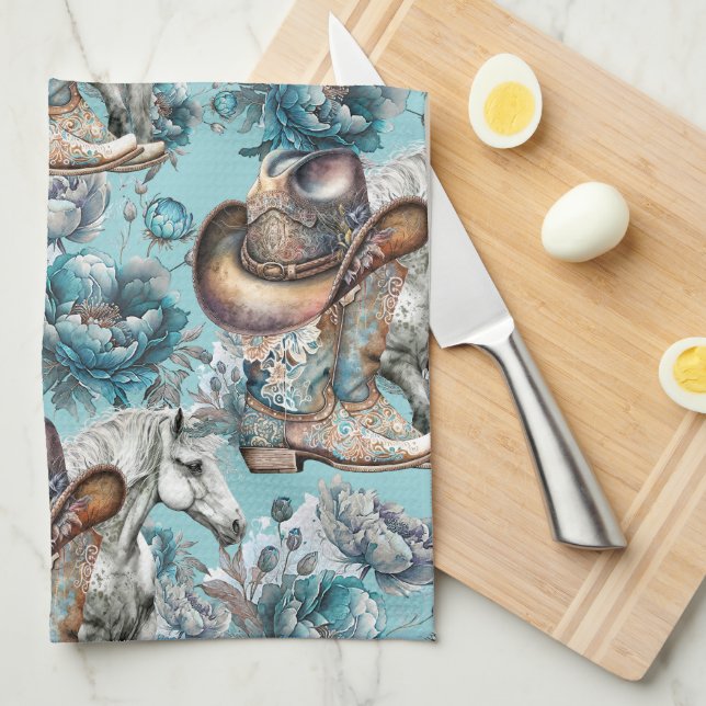 Horse girl cowgirl pattern turquoise floral tea towel (Quarter Fold)