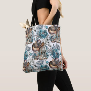 Horse girl cowgirl pattern turquoise floral tote bag