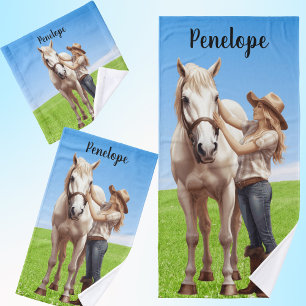 Horse Girl Horseback Riding Meadow Personalised Bath Towel Set