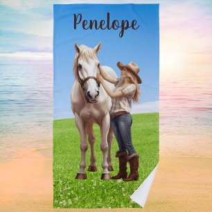 Horse Girl Horseback Riding Meadow Personalised Beach Towel