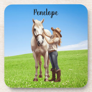 Horse Girl Horseback Riding Meadow Personalised Coaster