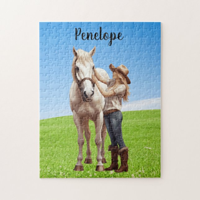 Horse Girl Horseback Riding Meadow Personalised Jigsaw Puzzle (Vertical)