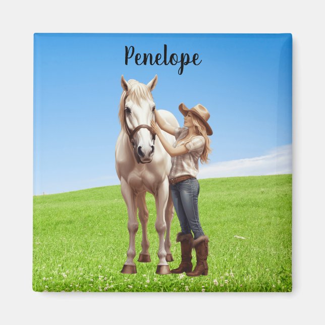 Horse Girl Horseback Riding Meadow Personalised Magnet (Front)