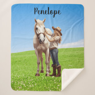 Horse Girl Horseback Riding Meadow Personalised Sherpa Blanket