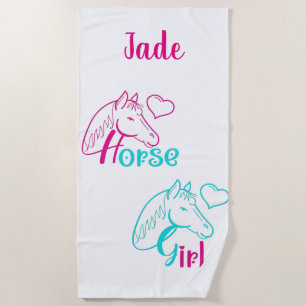 Horse Girl in Pink and Turquoise Beach Towel