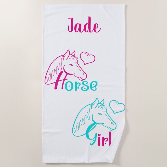 Horse Girl in Pink and Turquoise Beach Towel (Front)