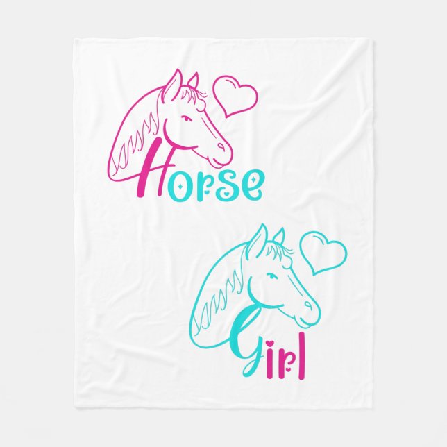 Horse Girl in Pink and Turquoise Fleece Blanket (Front)