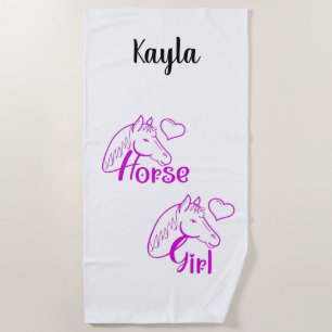 Horse Girl in Purple with Horse Head Font Beach Towel