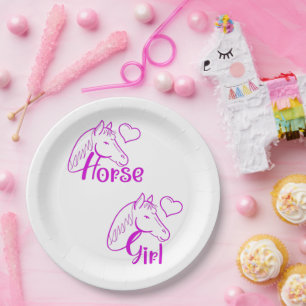 Horse Girl in Purple with Horse Head Font Paper Plate