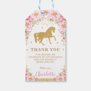 Horse Gold Pink Floral Birthday Favour Thank You Gift Tags