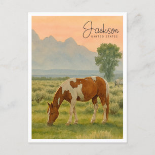 Horse & Grand Tetons Jackson WY Watercolor Holiday Postcard