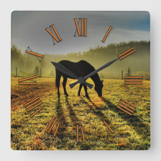 Horse Grazing at Sunrise in Misty Field Photo Square Wall Clock (Front)
