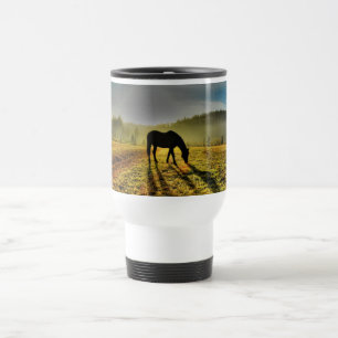 Horse Grazing at Sunrise in Misty Field Photo Travel Mug