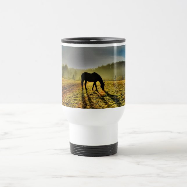 Horse Grazing at Sunrise in Misty Field Photo Travel Mug (Center)