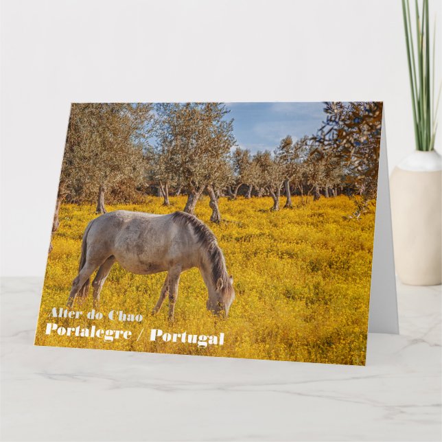 Horse grazing in a yellow flowers meadow thank you card (Front)