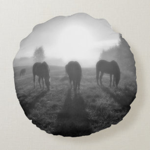 Horse Grazing in Field at Sunrise on a Horse Ranch Round Cushion