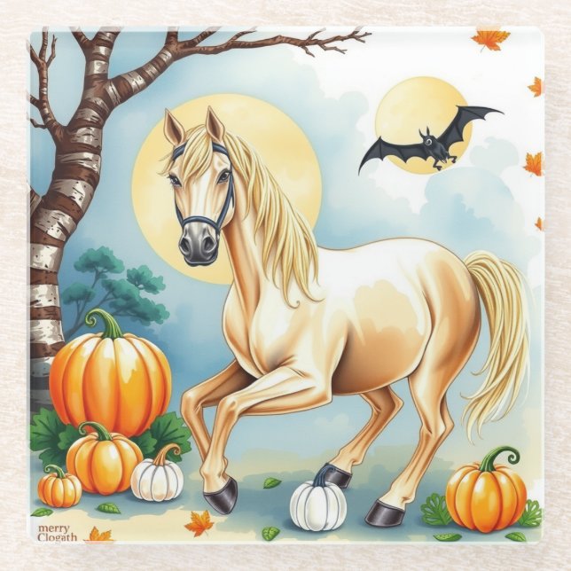 Horse Halloween With Pumpkin Glass Coaster (Front)
