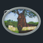 Horse Handsome Greeting Oval Belt Buckle<br><div class="desc">A watercolor horse greeting at the fence makes for a charming western wear belt buckle.</div>