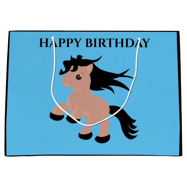 Horse Happy birthday gift bag in blue. (Front)