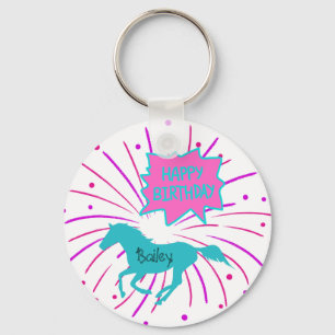 Horse Happy Birthday Pink Purple Turquoise   Key Ring