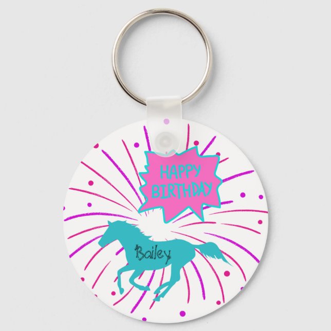 Horse Happy Birthday Pink Purple Turquoise   Key Ring (Front)
