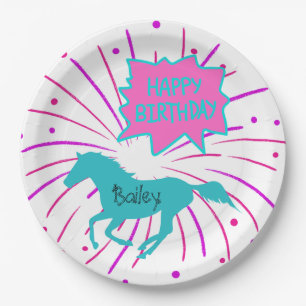 Horse Happy Birthday Pink Purple Turquoise Paper Plate