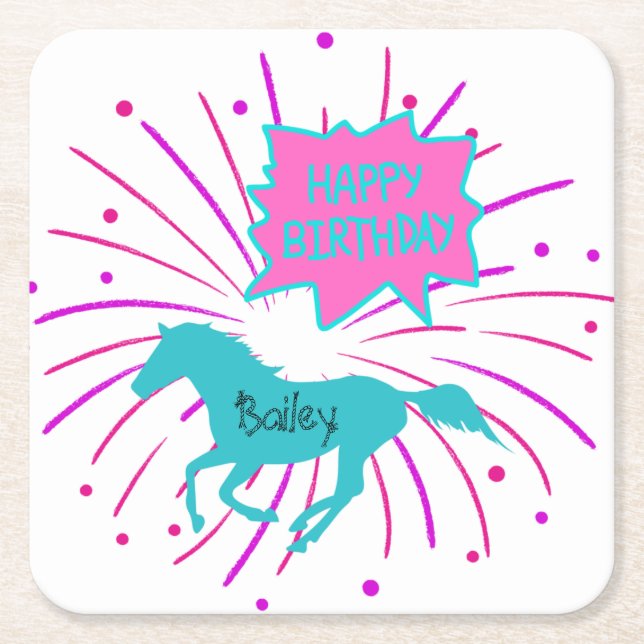 Horse Happy Birthday Pink Purple Turquoise  Square Paper Coaster (Front)