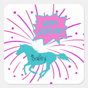Horse Happy Birthday Pink Purple Turquoise  Square Sticker