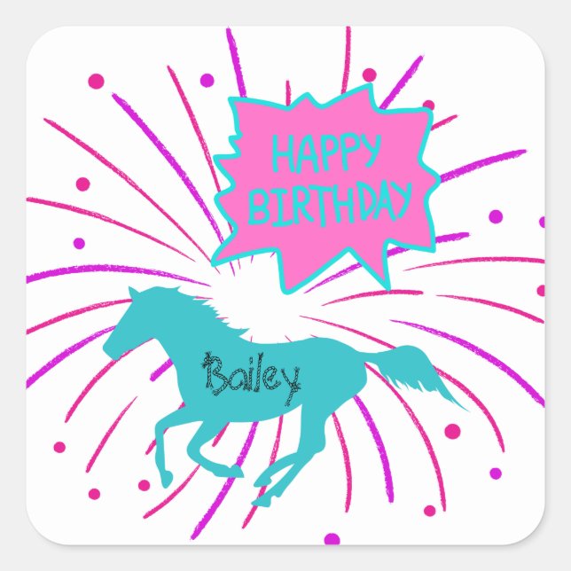 Horse Happy Birthday Pink Purple Turquoise  Square Sticker (Front)