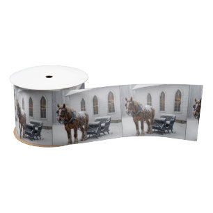 Horse Harnessed to a Sleigh By a Chapel Satin Ribbon