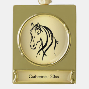 Horse Head on Gold Name and Year Plated Banner Ornament