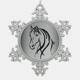Horse Head on Silver Snowflake Pewter Christmas Ornament