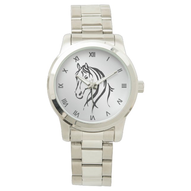 Horse Head on Silver with Roman Numerals Watch (Front)
