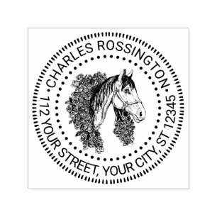 Horse Head with Rose Wreath Drawing Name Address Self-inking Stamp