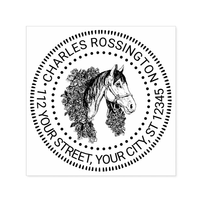Horse Head with Rose Wreath Drawing Name Address Self-inking Stamp (Design)