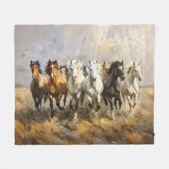 Horse Herd Galloping Mustang Painting Fleece Blanket (Front (Horizontal))