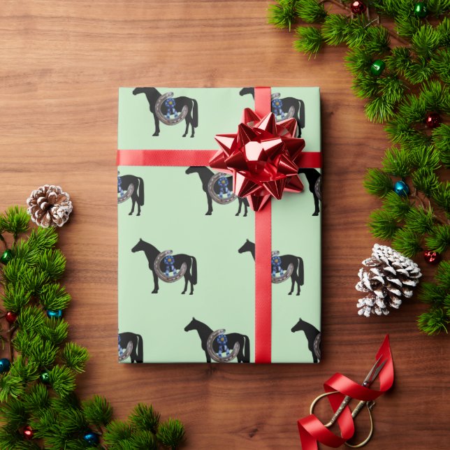 horse, horse shoe and blue ribbon wrapping paper (Holiday Gift)