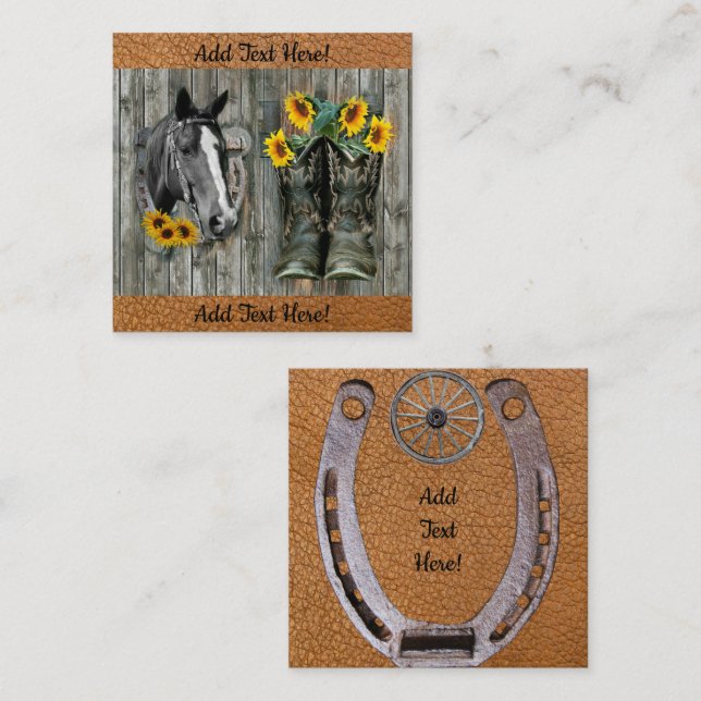 Horse Horseshoe Cowboy boots Sunflowers Square Business Card (Front/Back)