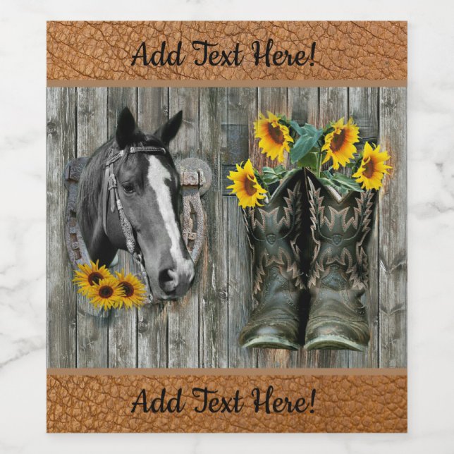 Horse Horseshoe Cowboy boots Sunflowers Wine Label (Single Label)