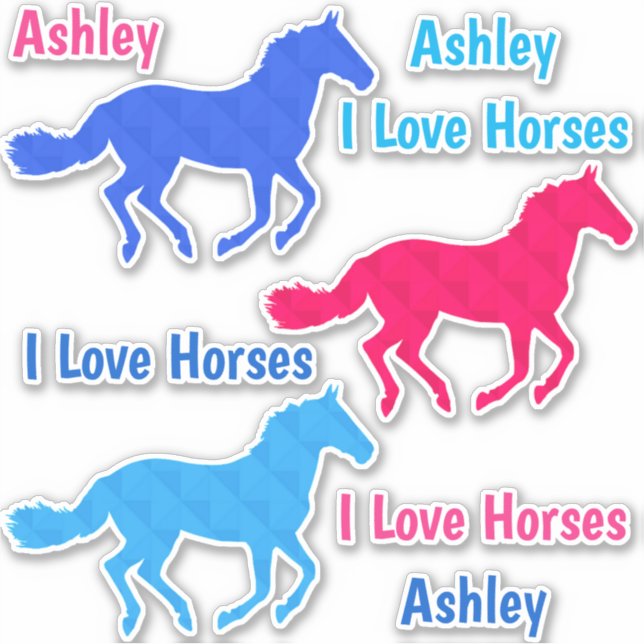 Horse "I Love Horses" Custom Name Vinyl Stickers (Front)