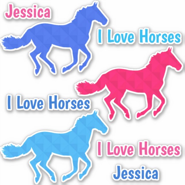 Horse "I Love Horses" Custom Name Vinyl Stickers (Front)