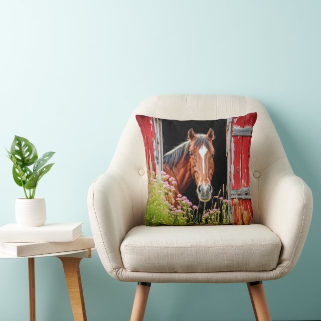 Horse In Barn Door With Wildflowers Cushion (Chair)