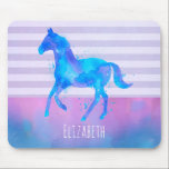 Horse in Blue and Purple Watercolor Personalised Mouse Mat<br><div class="desc">A personalised mouse pad withwith a pretty watercolor horse in blue and purple colours. Running wild and free. Set on a purple striped background with a vintage flair. A blue and pink watercolor border layered across the bottom.</div>