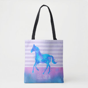 Horse in Blue and Purple Watercolor Personalised Tote Bag