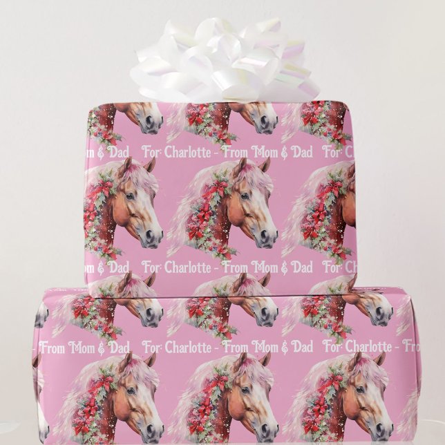 Horse In Christmas Ribbons Add Girl's Name Pink Wrapping Paper (Creator Uploaded)