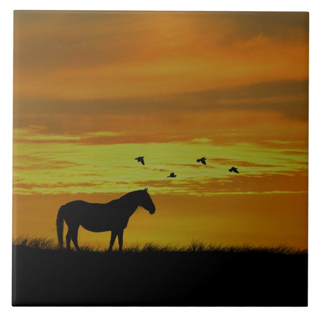 Horse in Golden Sunset with Birds Tile (Front)