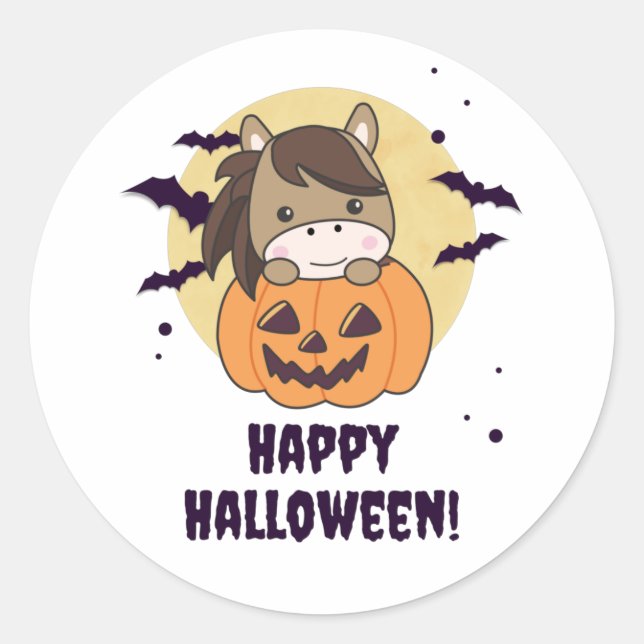 Horse In Pumpkin Sweet Horses Happy Halloween Classic Round Sticker (Front)